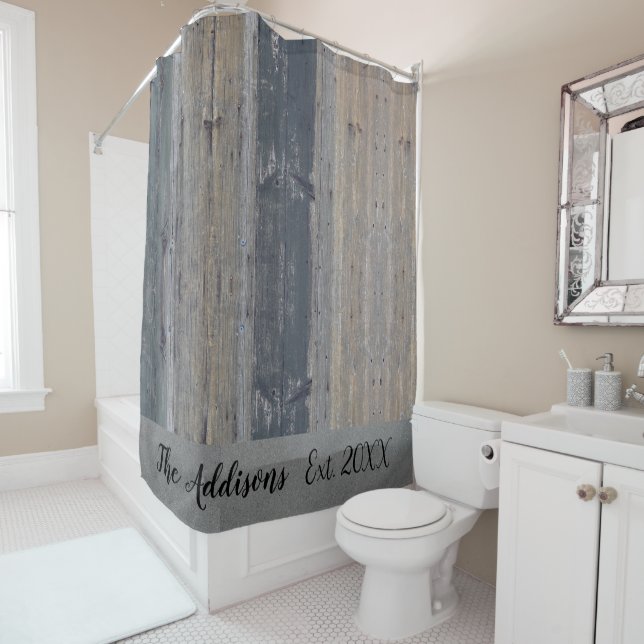 Rideaux De Douche Rustic Wood Nom de famille Customisé (En situation)