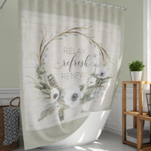 Rideaux De Douche Rustique Bois Farm House Floral Wreath Sage Script