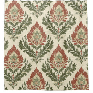 Rideaux De Douche Rustique Vintage Damassé Rouge Vert Beige