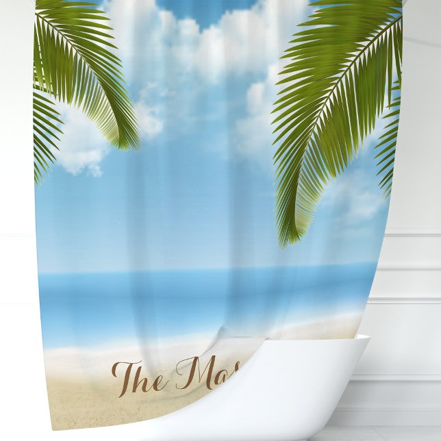 Rideaux De Douche Sable de plage et palmiers océaniques Monogramme (Créateur téléchargé)