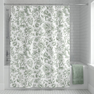 Rideaux De Douche Sage Green Floral Vintage Toile Pattern 