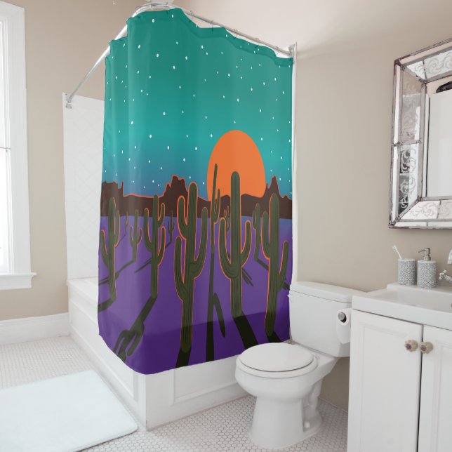 Rideaux De Douche Saguaros au coucher du soleil en violet (En situation)