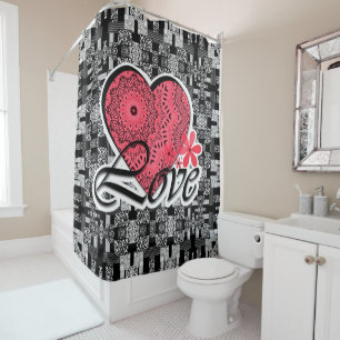 Rideaux De Douche Saint Valentin sans couture Love gris blanc pâté r