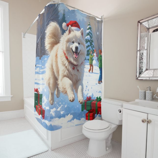 Rideaux De Douche Samoyed Running en neige avec Casquette de Noël (En situation)