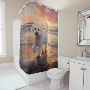Rideaux De Douche Sandy Paws Bichon Frise Dog sur Beach Sunset