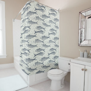 Rideaux De Douche Sardines en mouvement en bleu marine et ivoire