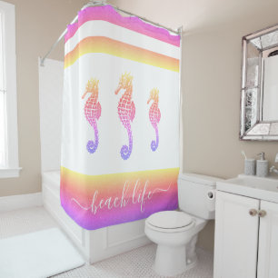 Rideaux De Douche Scénario de vie de plage rose violet ombre hippoca