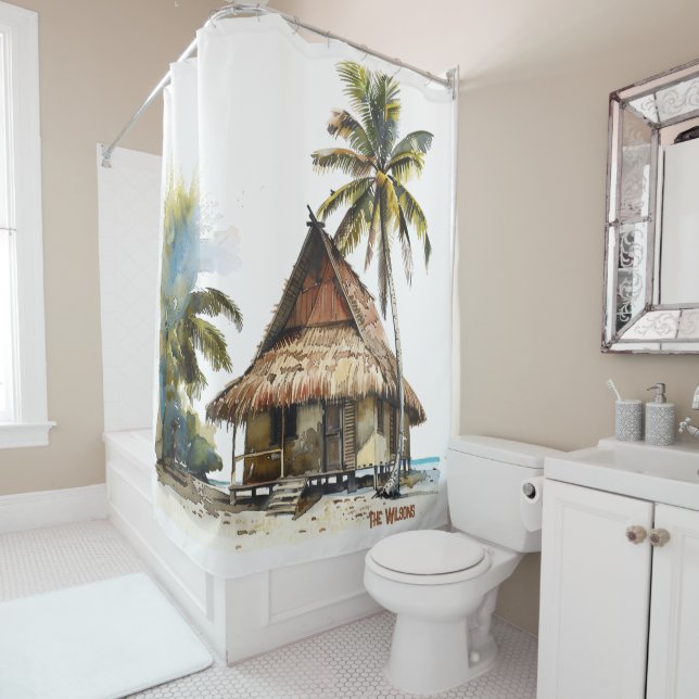 Rideaux De Douche Scène de maison de plage captivante (En situation)