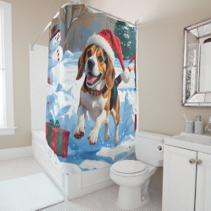 Rideaux De Douche Scène de neige festive de Noël avec Beagle
