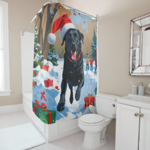 Rideaux De Douche Scène de neige festive de Noël avec Labrador noir