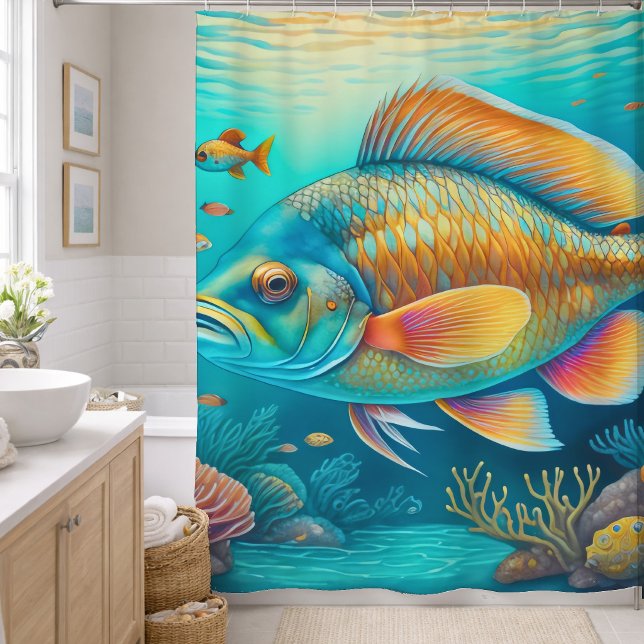 Rideaux De Douche Scène de récif sous-marin peint avec poissons et c (Créateur téléchargé)
