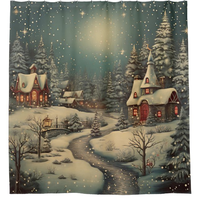 Rideaux De Douche "Scène du village de Noël enneigé" (Devant)