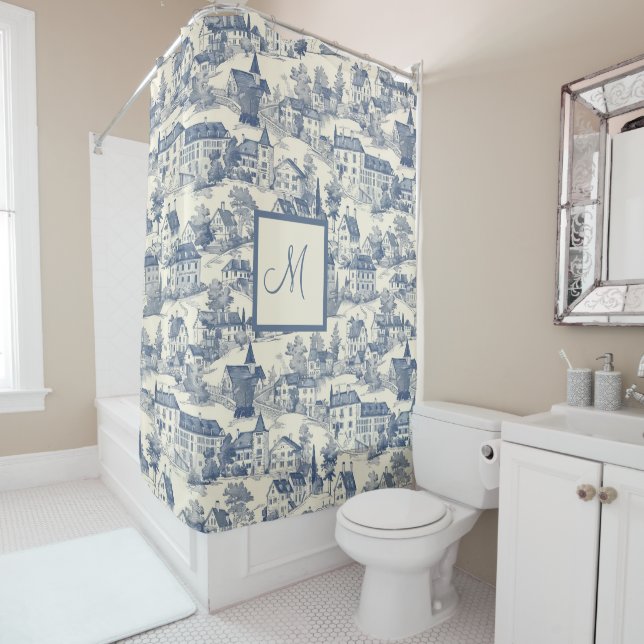 Rideaux De Douche Scène du village de Toile Bleue Chic de Jouy (En situation)