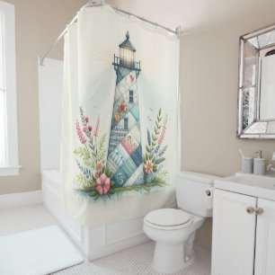Rideaux De Douche Scène florale de phare en patchwork côtier