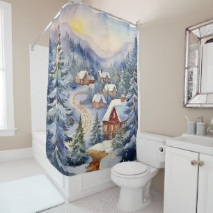 Rideaux De Douche Scène hivernale rustique Chimney Smoke Snow Trees