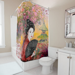 Rideaux De Douche Scène Japonaise Avec Une Femme