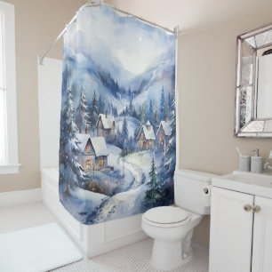 Rideaux De Douche Scène Rustique Vintage d'hiver neige Chimney fumée