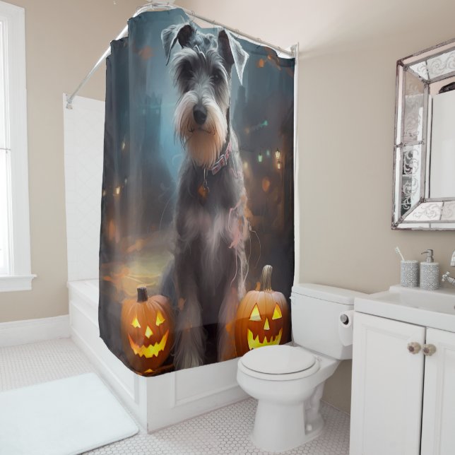 Rideaux De Douche Schnauzer d'Halloween avec la peur Citrouille (En situation)