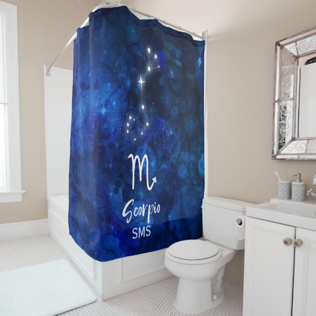 Rideaux De Douche Scorpio Zodiac Constellation Bleu Galaxie Monogram (En situation)