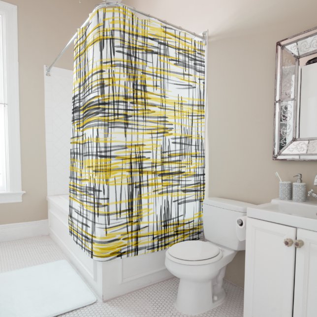 Rideaux De Douche 'Scribbles gris-jaune noir' (En situation)