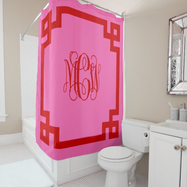 Rideaux De Douche Script de Vigne rouge rose chaud Monogramme Clé gr (Créateur téléchargé)