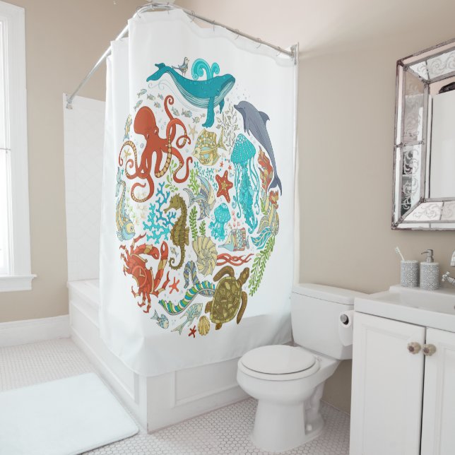 Rideaux De Douche Sea Life Ocean Whale Octopus Turtle Art (En situation)