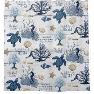 Rideaux De Douche Sea Turtle Seahorse Beach Blue Rustic Watercolor