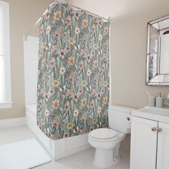 Rideaux De Douche Seafoam Pink Yellow Retro Wildflower (En situation)