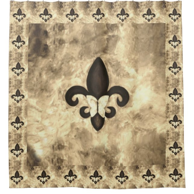 Rideaux De Douche Sepia Butterfleur | Tan Butterfly on Fleur de Lis (Devant)
