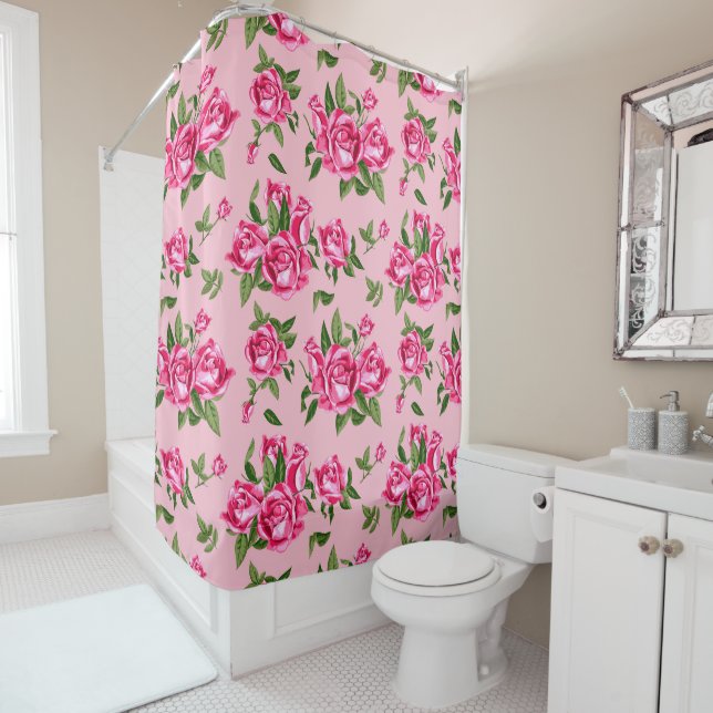Rideaux De Douche Shabby Chic Monogramme Rose Roses Bain (En situation)