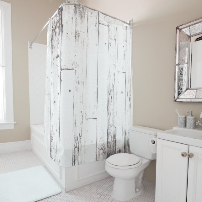 Rideaux De Douche Shabby Chic White Wood Rustic Farmhouse (En situation)