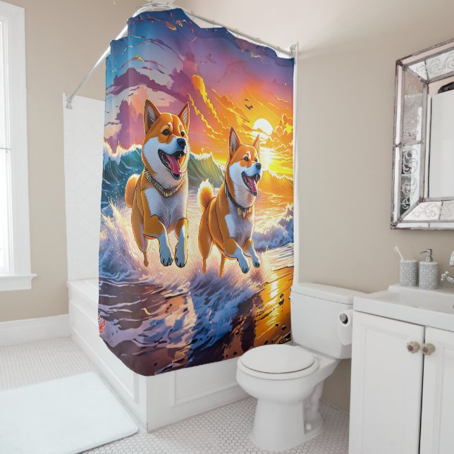 Rideaux De Douche Shiba Inu Jouer Dans Les Vagues Design : Rich AMeN (En situation)
