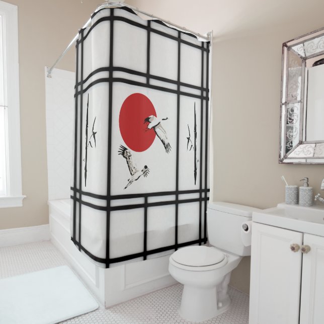 Rideaux De Douche Shoji - Bambou et grue (En situation)