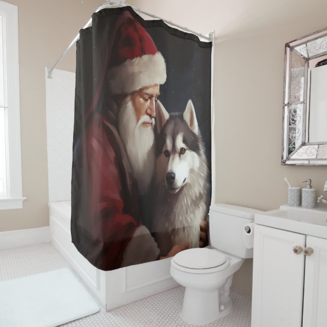 Rideaux De Douche Sibérien Husky avec Noël Festif du Père Noël (En situation)