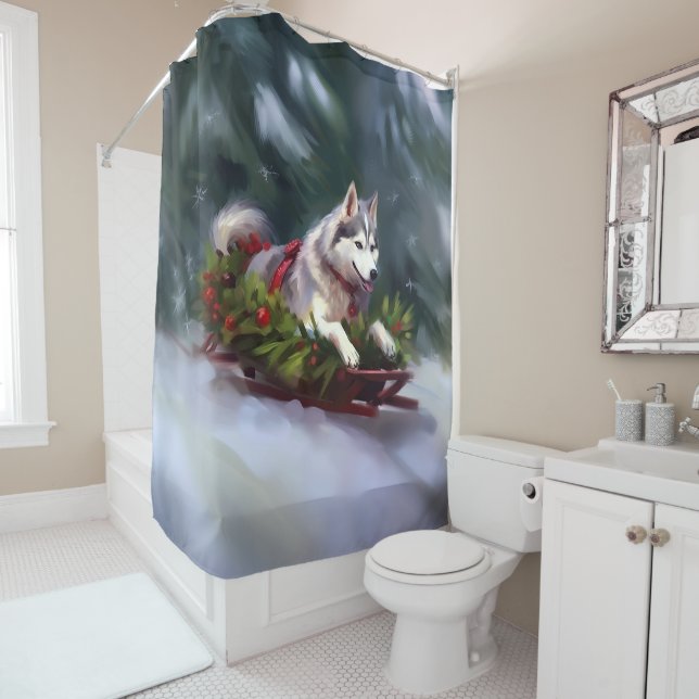Rideaux De Douche Sibérien Husky neige de Noël hiver (En situation)