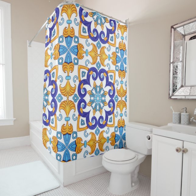 Rideaux De Douche Sicilian Vibrant Majolica Scrollwork Mediterranean (En situation)