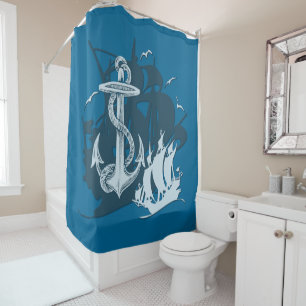 Rideaux De Douche Silhouette de blanc de bateau et d'Ancre de pirate