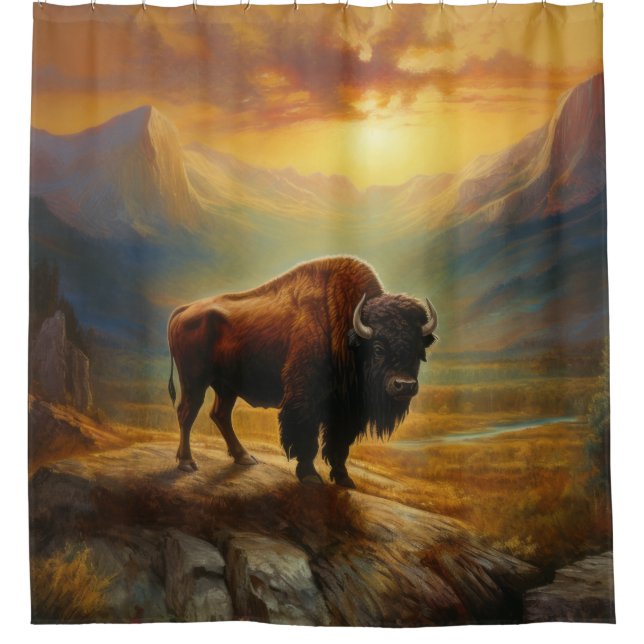 Rideaux De Douche Silhouette du coucher de soleil de bison de buffle (Devant)