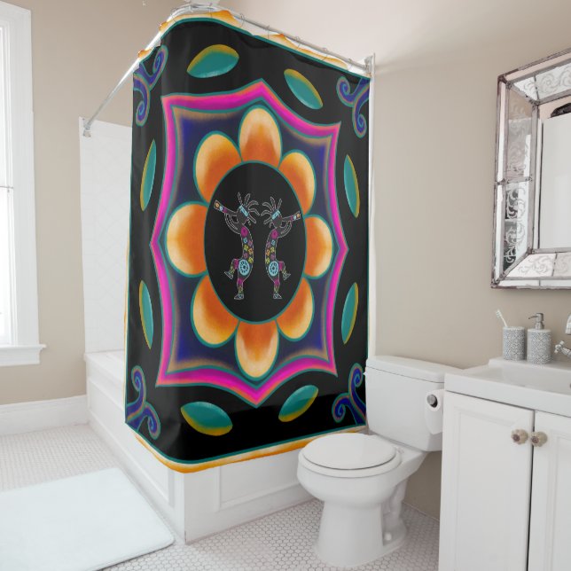 Rideaux De Douche Silhouette Fleur Turquoise Kokopelli  (En situation)
