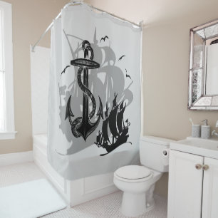 Rideaux De Douche Silhouette noire de bateau et d'Ancre de pirate