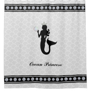 Rideaux De Douche Silhouette noire de la princesse Mermaid sur gris 