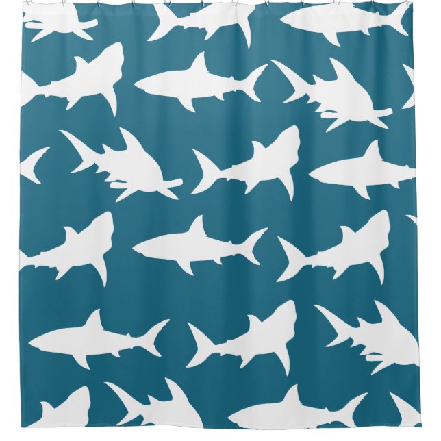 Rideaux De Douche Silhouettes de requin blanc et vert bleu d'océan (Devant)
