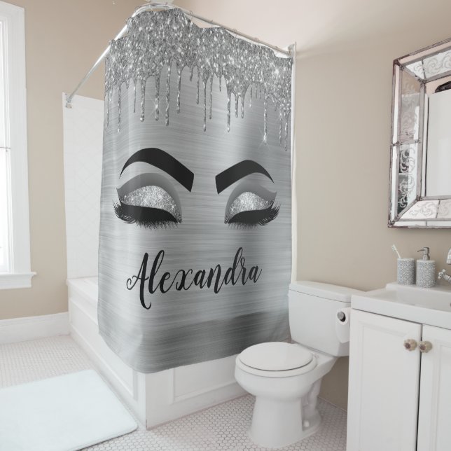 Rideaux De Douche Silver Glitter Sparkle Eyelashes Monogram (En situation)
