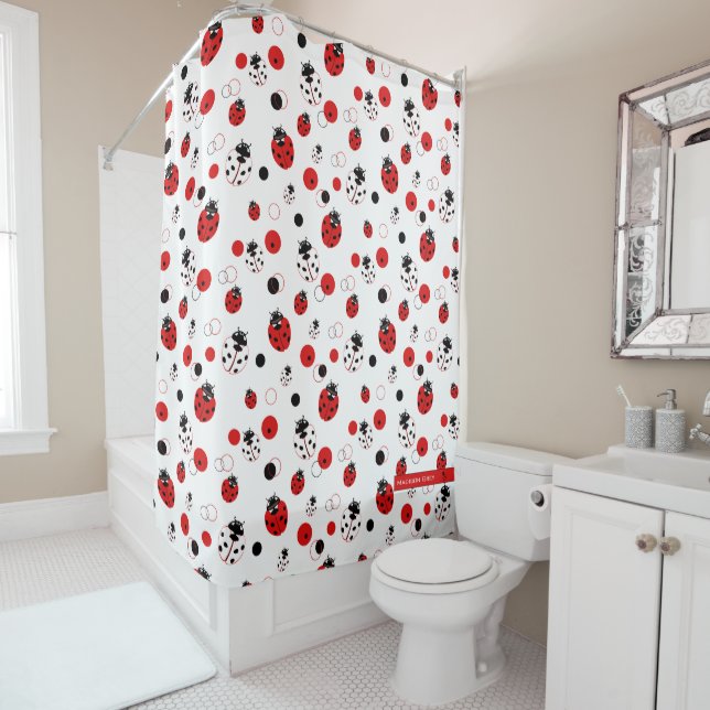 Rideaux De Douche Simple Motif Ladybug rouge, noir et blanc (En situation)