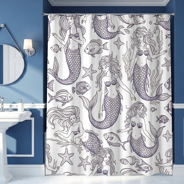 Rideaux De Douche Sirène Bleue Vintage & Motif de Vie Marine (Créateur téléchargé)