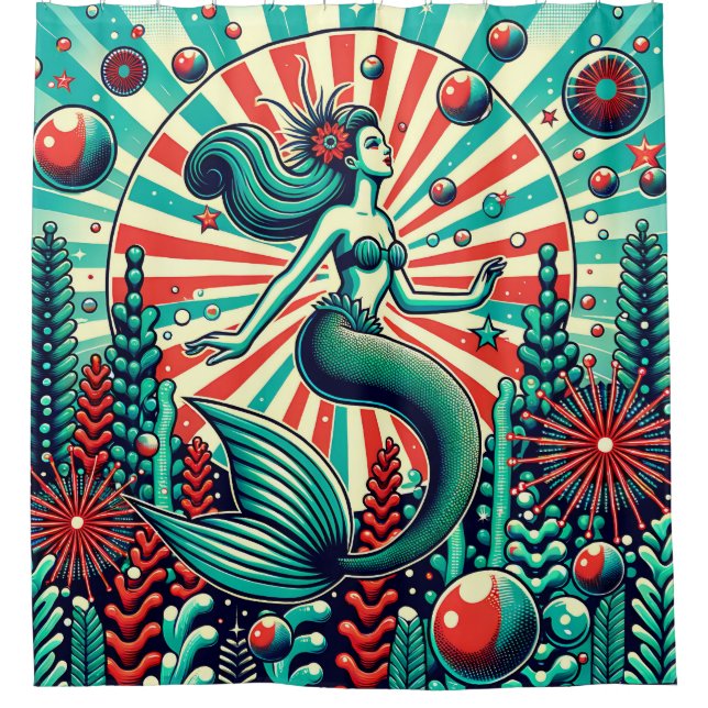 Rideaux De Douche "Sirène Moderne Du Milieu Du Siècle - Art Rétro Vi (Devant)