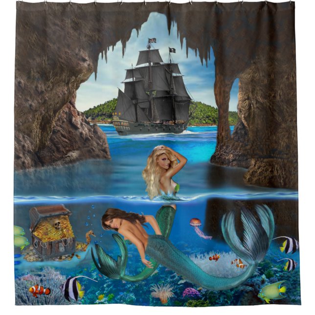 RIDEAUX DE DOUCHE SIRÈNES DE LA CAVERNE DE PIRATE (Devant)