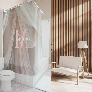 Rideaux De Douche Soie Blanche Monogramme Rose Écriture Élégante Mar