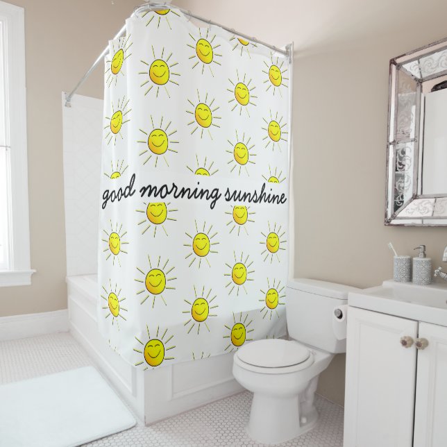 Rideaux De Douche Soleil bonjour ! Mignon ; jaune sur le blanc (En situation)