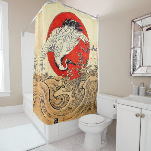 RIDEAUX DE DOUCHE SOLEIL ROUGE, CRANE DE VOL JAPONAISE ET VAGUES MAR